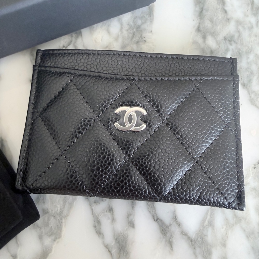 Chanel Card Wallet Black Caviar Quilted Silver CC Logo AP0215Y33352
